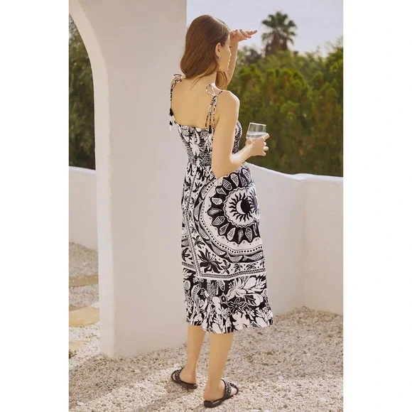 ANTHROPOLOGIE FARM RIO POPLIN BEADED TROPICAL CELESTIAL SUNS MIDI DRESS M - Picture 2 of 11